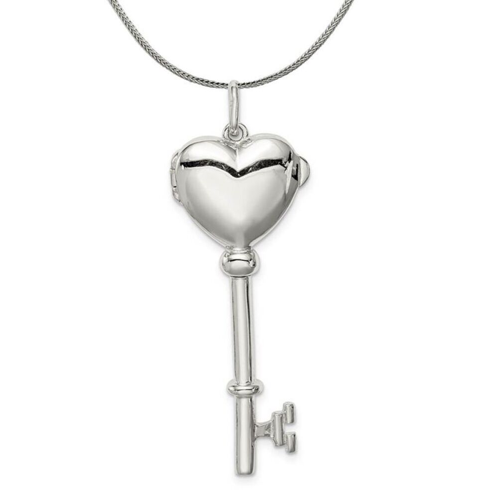 Sterling Silver Heart Locket Key Pendant Necklace - 24 Inch